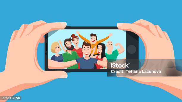 Group Selfie On Smartphone Photo Portrait Of Friendly Youth Team Friends Make Photos On Phone Camera Cartoon Vector Illustration Stock Illustration - Download Image Now