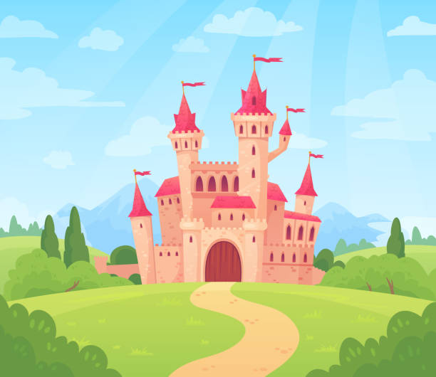 ilustrações, clipart, desenhos animados e ícones de conto de fadas paisagem com castelo. torre do palácio de fantasia, casa de fadas fantástico ou castelos mágico reino dos desenhos animados de fundo vector - castle fantasy fairy tale medieval