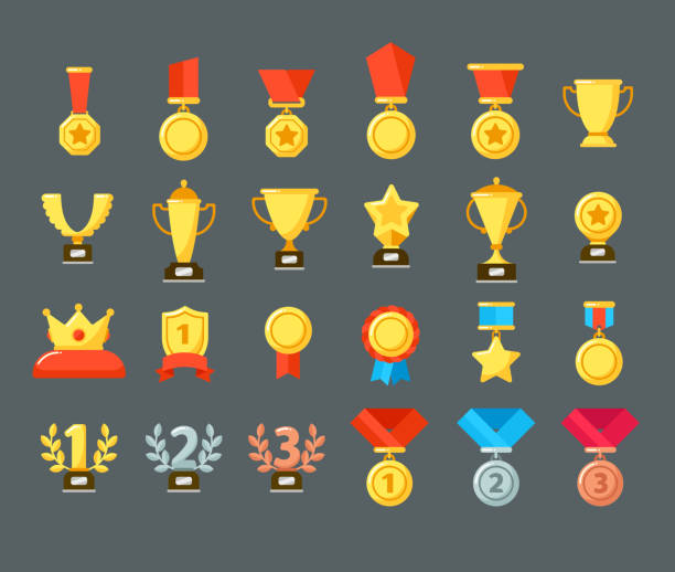 ilustrações de stock, clip art, desenhos animados e ícones de award icons. golden trophy cup, reward goblets and winning prize. flat medals awards vector symbols - shield bronze gold silver