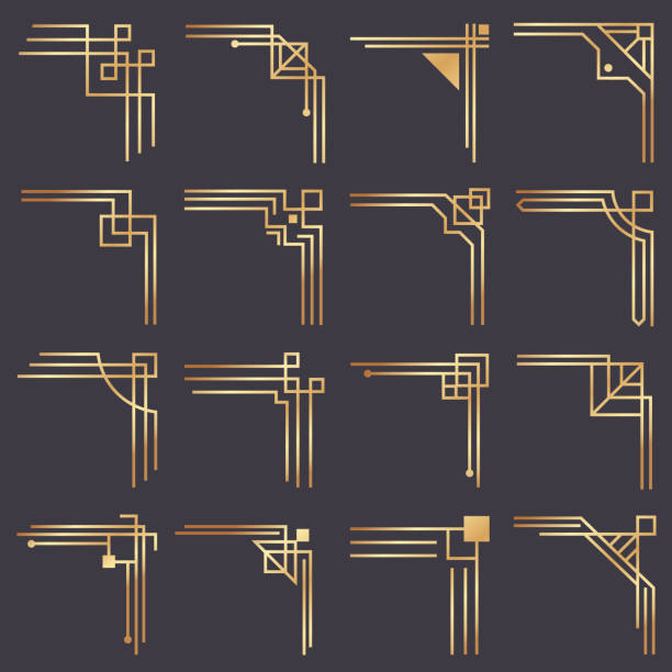 아트 데코 코너입니다. 빈티지 골드 패턴 테두리에 대 한 현대적인 그래픽 코너입니다. 골든 1920 년대 패션 장식 라인 프레임 벡터 세트 - art deco illustrations stock illustrations