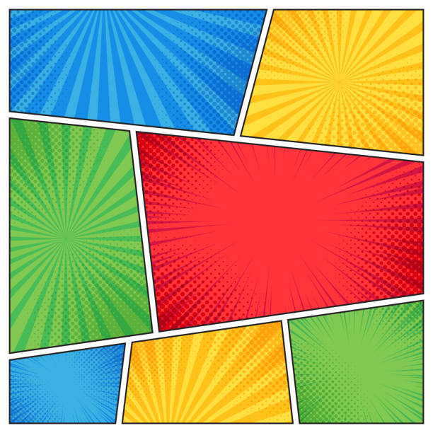 Comic page frame. Funny superhero comics book empty pages with radial lines or stripes background vector template Comic page frame. Funny superhero comics book empty pages with radial lines or stripes background, strip funny different pop page composition dialog banner vector template comic book layout stock illustrations