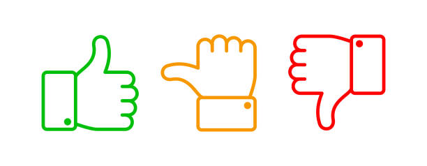 Thumbs up set. Green like red dislike and yellow undecided line icons. Thumb up and down vector outline isolated web buttons Thumbs up set. Green like red dislike and yellow undecided line icons. Thumb up and down vector outline hand, like dislike pointing gesture hands isolated web buttons sign thumb stock illustrations
