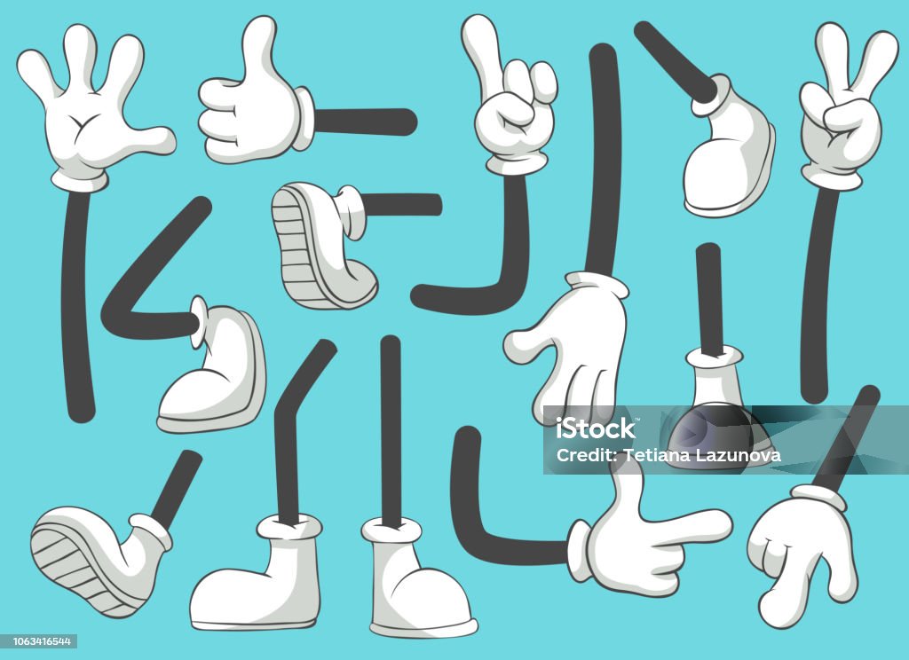 Cartoon legs and hands. Leg in boots and gloved hand, comic feet in shoes. Glove arm vector isolated illustration set Cartoon legs and hands. Leg in boots and gloved hand, comic feet in shoes. Glove arm and shoe heel kicking or walking black leggings mascot vector isolated illustration symbols set Cartoon stock vector