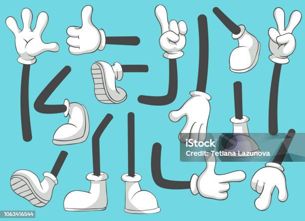 Cartoon Legs And Hands Leg In Boots And Gloved Hand Comic Feet In Shoes Glove Arm Vector Isolated Illustration Set Stock Illustration - Download Image Now