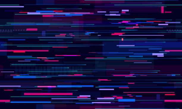Futuristic neon glitch background. Glitched nightlife tech lines, street light motion and technology seamless pattern vector design Futuristic neon glitch background. Glitched nightlife tech lines, street light motion and technology seamless pattern vector design. Pixel noise static texture TV screen glitch technique stock illustrations