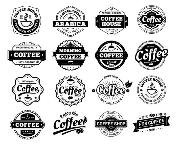 ilustraciones, imágenes clip art, dibujos animados e iconos de stock de insignias de café. - insignia símbolo ilustraciones