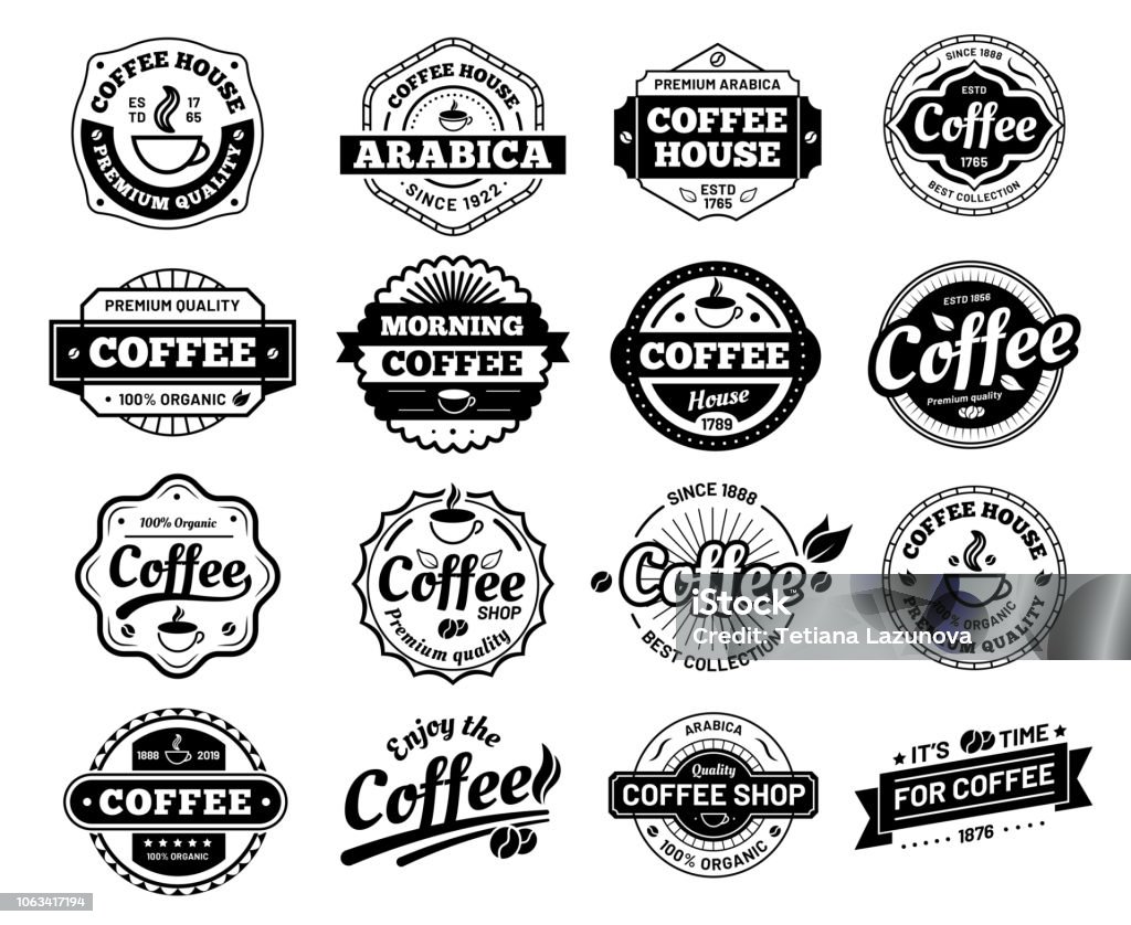 Coffee badges. Coffee badges. Cafe stamp sticker. Restaurant. Vintage cafes antique, dirty mug roast quality restaurant insignia designs. Vector isolated icons illustration set Logo stock vector