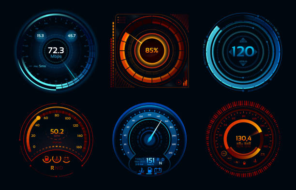 ilustrações, clipart, desenhos animados e ícones de indicadores do velocímetro. medidores de energia, rápido ou lento internet conexão velocidade medidor estágios conceito de vetor - speedometer gauge car speed