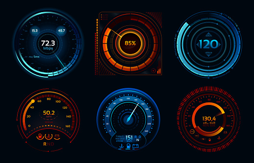 Speedometer indicators. Power meters, fast or slow internet connection speed meter stages. Automobile digital odometer indicator display technology for racing game vector isolated icons concept set