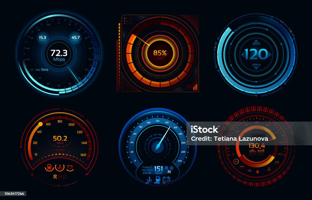 Speedometer indicators. Power meters, fast or slow internet connection speed meter stages vector concept Speedometer indicators. Power meters, fast or slow internet connection speed meter stages. Automobile digital odometer indicator display technology for racing game vector isolated icons concept set Speedometer stock vector