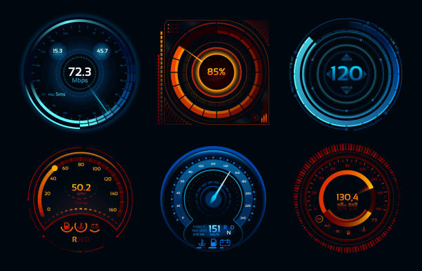 Speedometer indicators. Power meters, fast or slow internet connection speed meter stages vector concept Speedometer indicators. Power meters, fast or slow internet connection speed meter stages. Automobile digital odometer indicator display technology for racing game vector isolated icons concept set speedometer stock illustrations