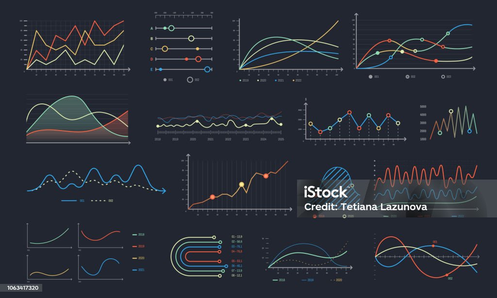 Line graph. Linear chart growth, business diagram graphs and colorful histogram graph isolated vector set Line graph. Linear chart growth, business diagram graphs and colorful histogram graph or business currency stock financial graphics. Investment planning analysis isolated vector symbols set Graph stock vector