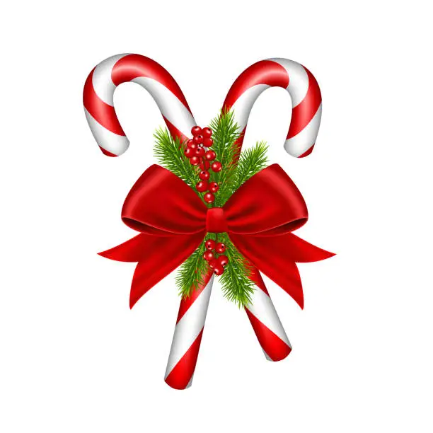 Vector illustration of Christmas candy cane with bow, isolated on white background.