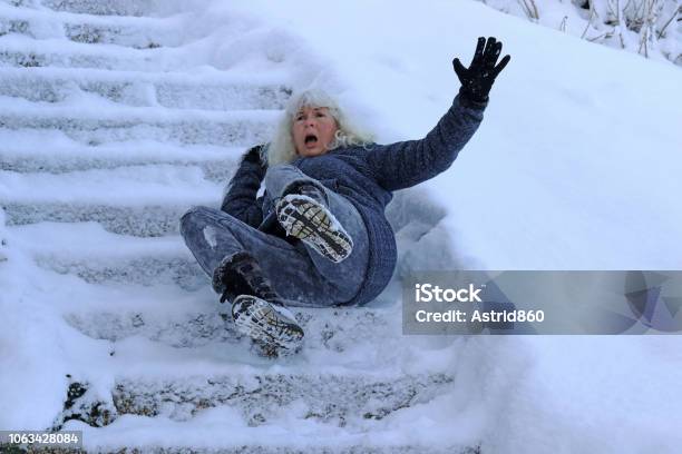 A Woman Slipped And Fell On A Wintry Staircase Fall On Smooth Steps Stock Photo - Download Image Now