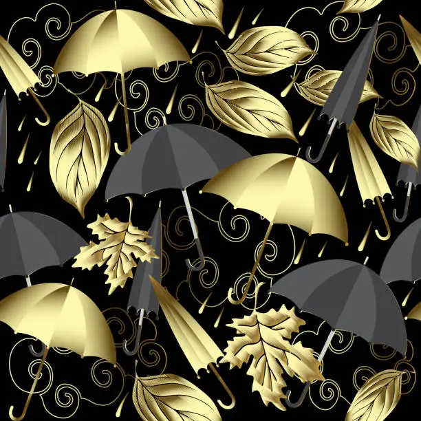Vector illustration of Weather 3d vector seamless pattern. Autumn abstract gold and black background with surface umbrellas, leaf fall, clouds, rain. Vintage repeat ornamental backdrop. Modern decorative ornate design.