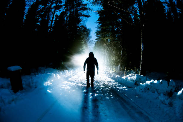 istock Man walks through the forest against the backdrop of a bright light 1063444448