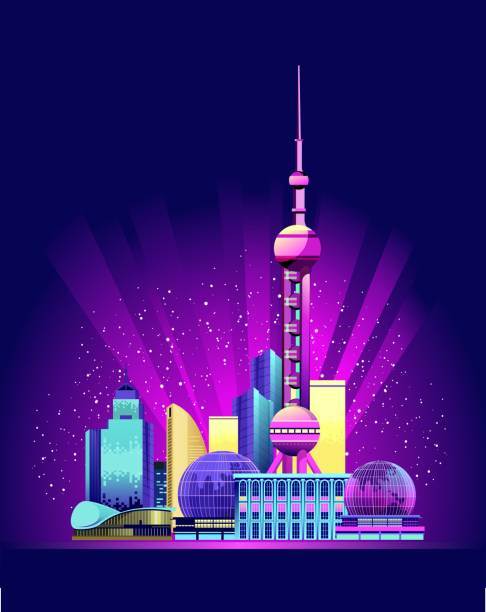 illustrazioni stock, clip art, cartoni animati e icone di tendenza di shanghai neon city - huangpu district illustrations