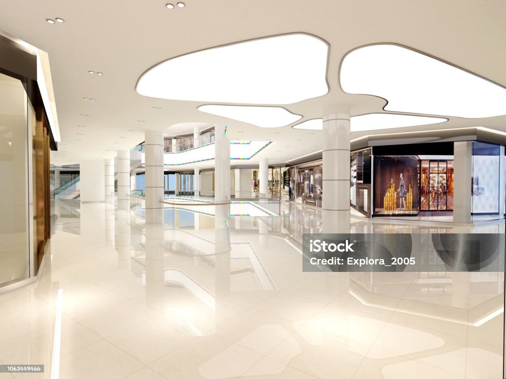 rendu 3D de l’intérieur du centre commercial - Photo de Centre commercial libre de droits