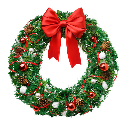 christmas wreath, red ribbon bow, isolated on white background, clipping path