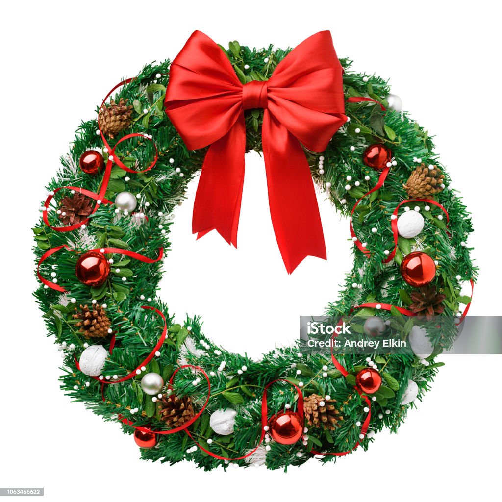 christmas wreath, red ribbon bow, isolated on white background, clipping path Wreath Stock Photo