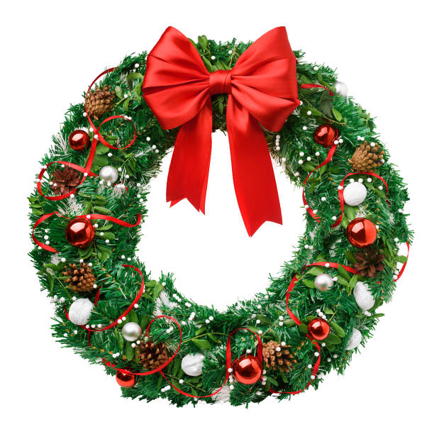 christmas wreath, red ribbon bow, isolated on white background, clipping path christmas wreath, red ribbon bow, isolated on white background, clipping path christmas ornament christmas decoration red religious celebration stock pictures, royalty-free photos & images