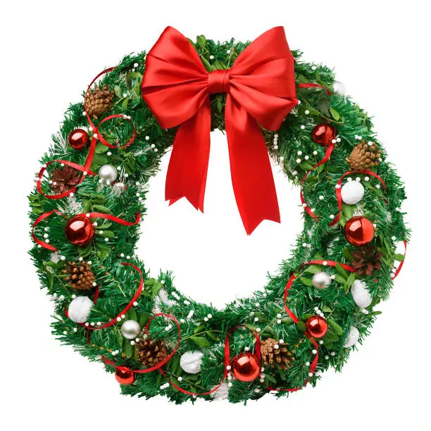 Photo of christmas wreath, red ribbon bow, isolated on white background, clipping path