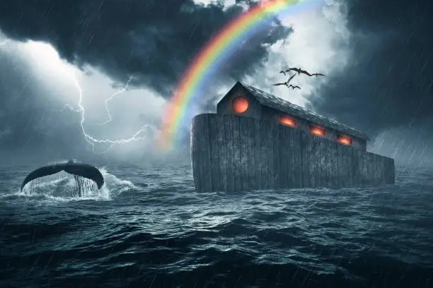 Noah's ark story, masterpiece of art created using four photos, the ark was made with custom shapes, color gradients, brushes and custom wood textures.
