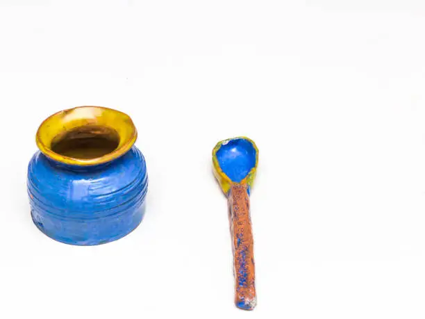 Handmade color clay figures cat bowl and spoon
