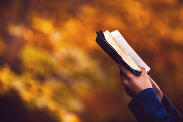 istock Autumn setting, warm colours, girl reading the bible 1063469746