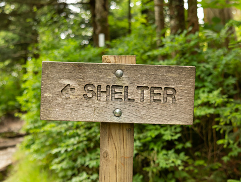 Sign to Shelter in Smokies Forest in Summer