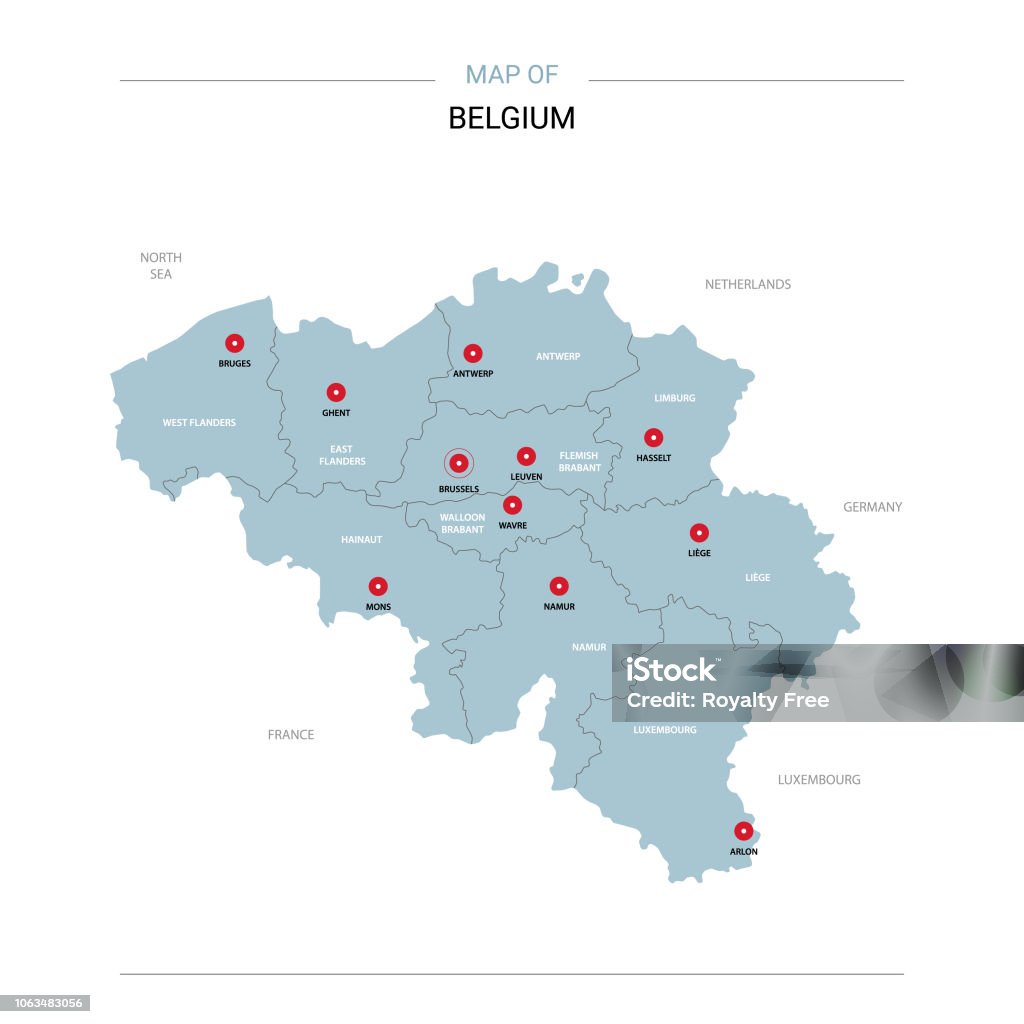 Vector del mapa de Bélgica con el perno rojo. - arte vectorial de Bélgica libre de derechos