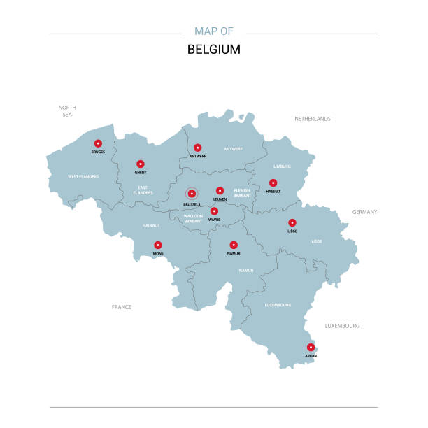 Belgium map vector with red pin. Belgium vector map. Editable template with regions, cities, red pins and blue surface on white background. belgium stock illustrations