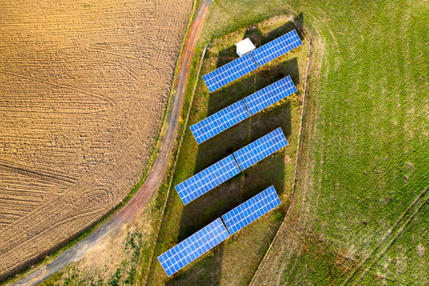 istock Solar panel in countryside, drone point of view 1063487292