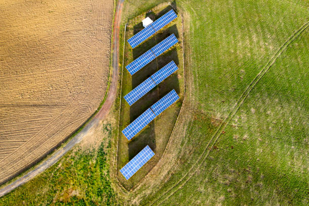 istock Solar panel in countryside, drone point of view 1063487312