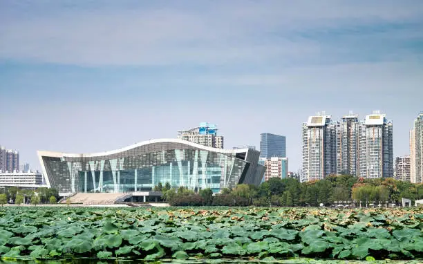 WUHAN/ HUBEI, CHINA - OCT 04, 2018: Lotus flowers pond in front of the modern building. This area is one of the famous park in Wuhan city.