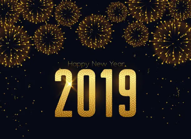 Vector illustration of happy new 2019 year fireworks celebration background