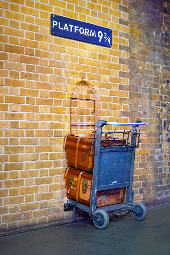 London, UK - May 12 2018: Platform 9 3/4 that taken from Harry Potter movie in King's Cross station
