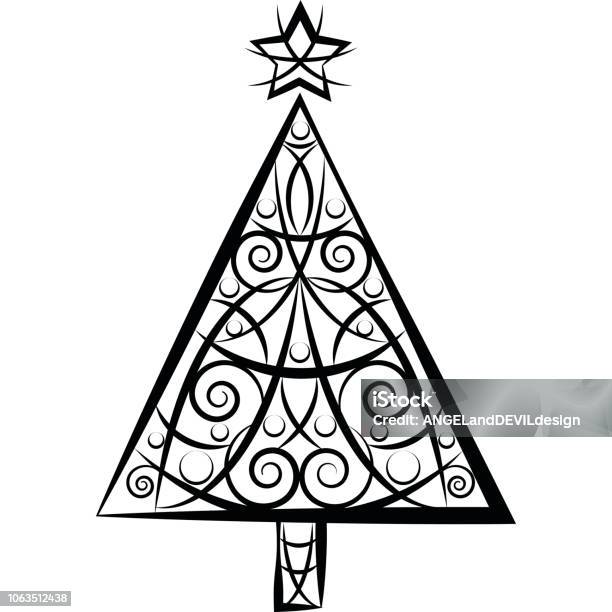 Black And White Vector Design Of An Isolated Abstract Tribal Christmas Tree On A White Background Stock Illustration - Download Image Now