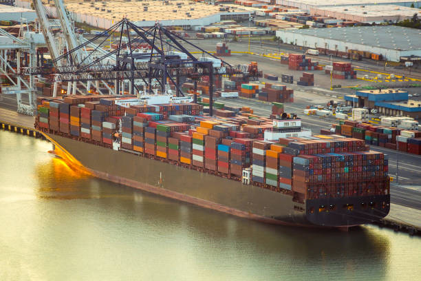 istock Container ship docked at sea port with cargo 1063516268
