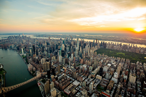 New York city at sunset aerial view USA