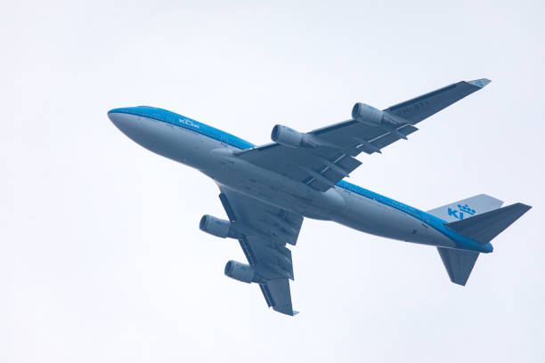 East Hills, NY, USA - June 13, 2018:  KLM 747 aircraft approaching JFK International Airport in New York City.