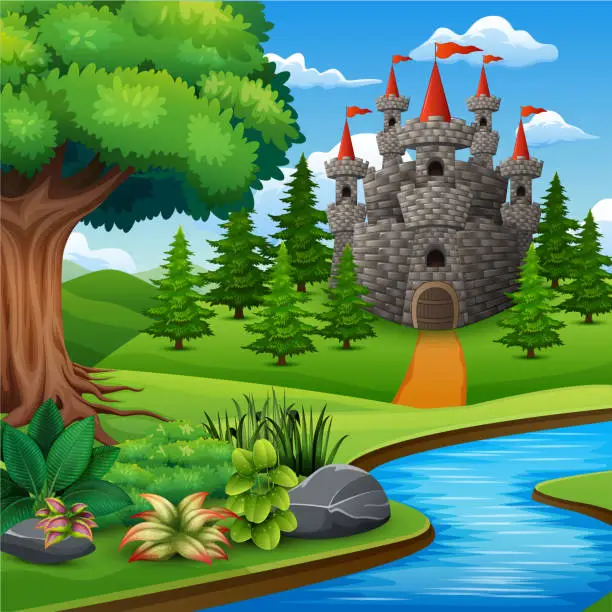 Vector illustration of Cartoon Illustration of Castle on hill Landscape