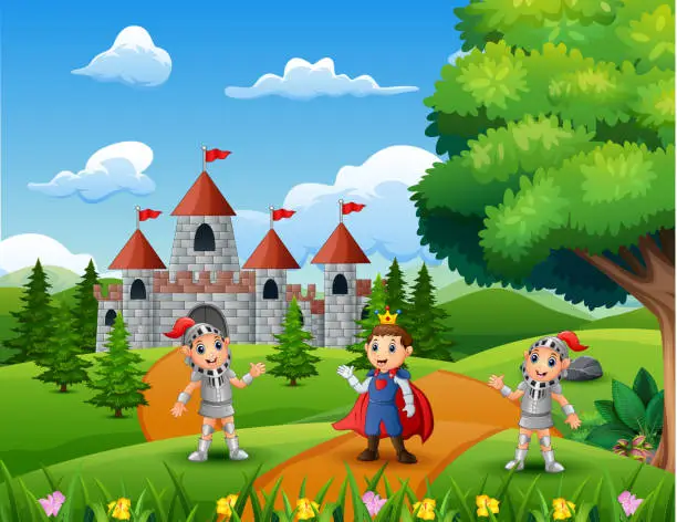 Vector illustration of Cartoon of prince with two knight on the road leading to a castle