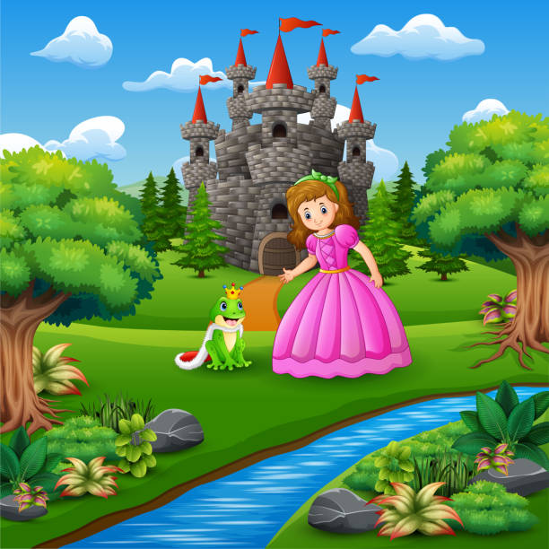 ilustraciones, imágenes clip art, dibujos animados e iconos de stock de un cuento de hadas de la bella princesa y el príncipe rana - castle fairy tale palace forest