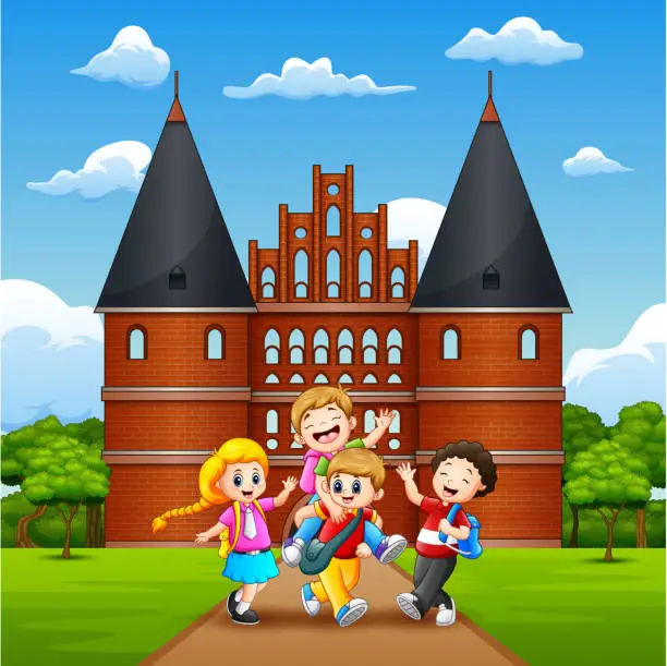 Vector illustration of Happy school children joyful and laughing in front of Holstentor