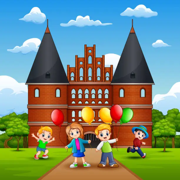 Vector illustration of Happy kids playing in front of Holstentor