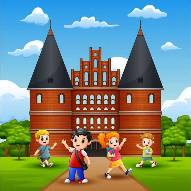 Vector illustration of Happy school children joyful and laughing in front of Holstentor