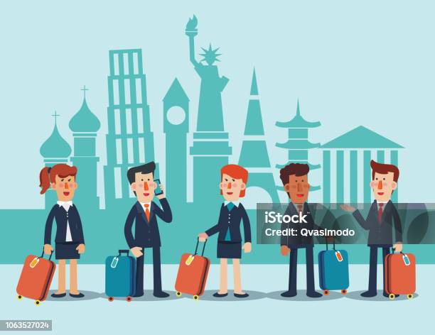 Business People With Suitcases In Front Of Famous Landmarks Business Travel Vector Concept Stock Illustration - Download Image Now