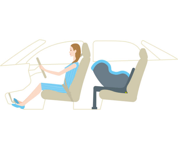 ilustraciones, imágenes clip art, dibujos animados e iconos de stock de mamá con coche para bebé seat(isofix) - back seat illustrations