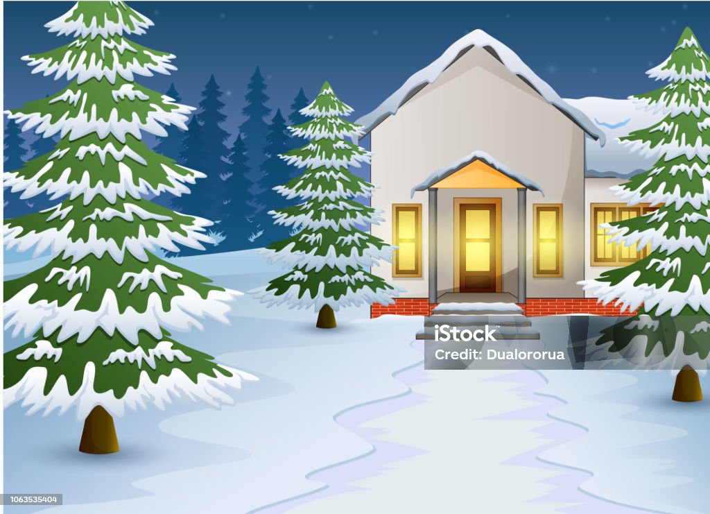 Cartoon Of Winter Night Landscape With House And Snow On The Street Stock  Illustration - Download Image Now - iStock